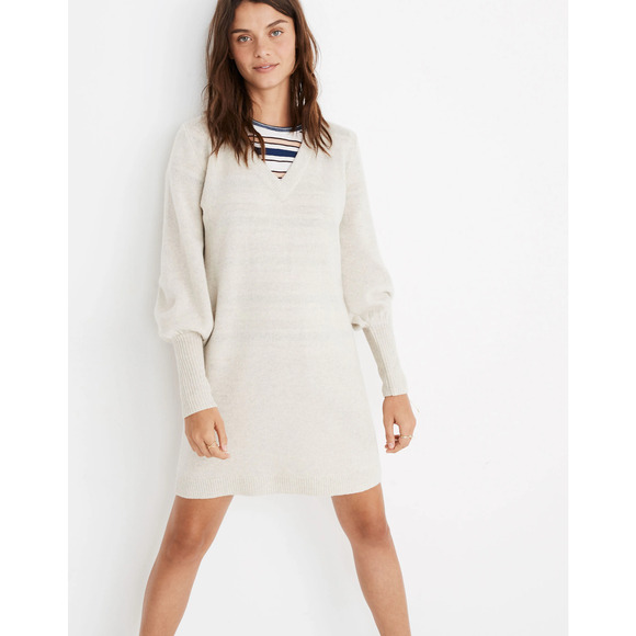 Madewell Womens Sweater Dress Bubble Sleeve V-Neck Knit Wool Blend Beige Size S - Picture 1 of 8